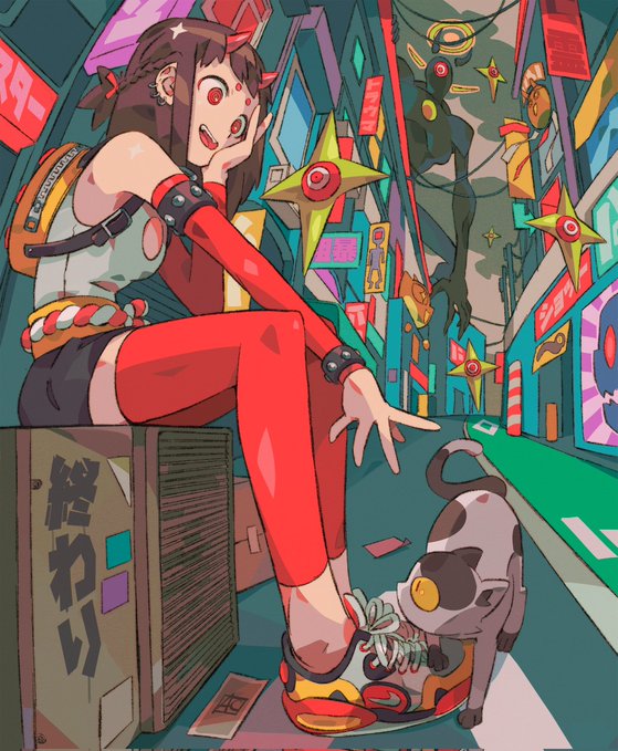 the image features a colorful and stylish anime girl sitting on a box in a vibrant city street. she is wearing a red and white outfit with a backpack, black choker, and red gloves. the girl has long brown hair with red highlights and is looking at the camera with a mischievous expression.  the girl is wearing red and yellow shoes and has a cat sitting beside her. in the background, there is a giant figure walking up the street, and several neon signs and shopfronts. the overall style of the image is vibrant and dynamic, with a distinct japanese aesthetic.