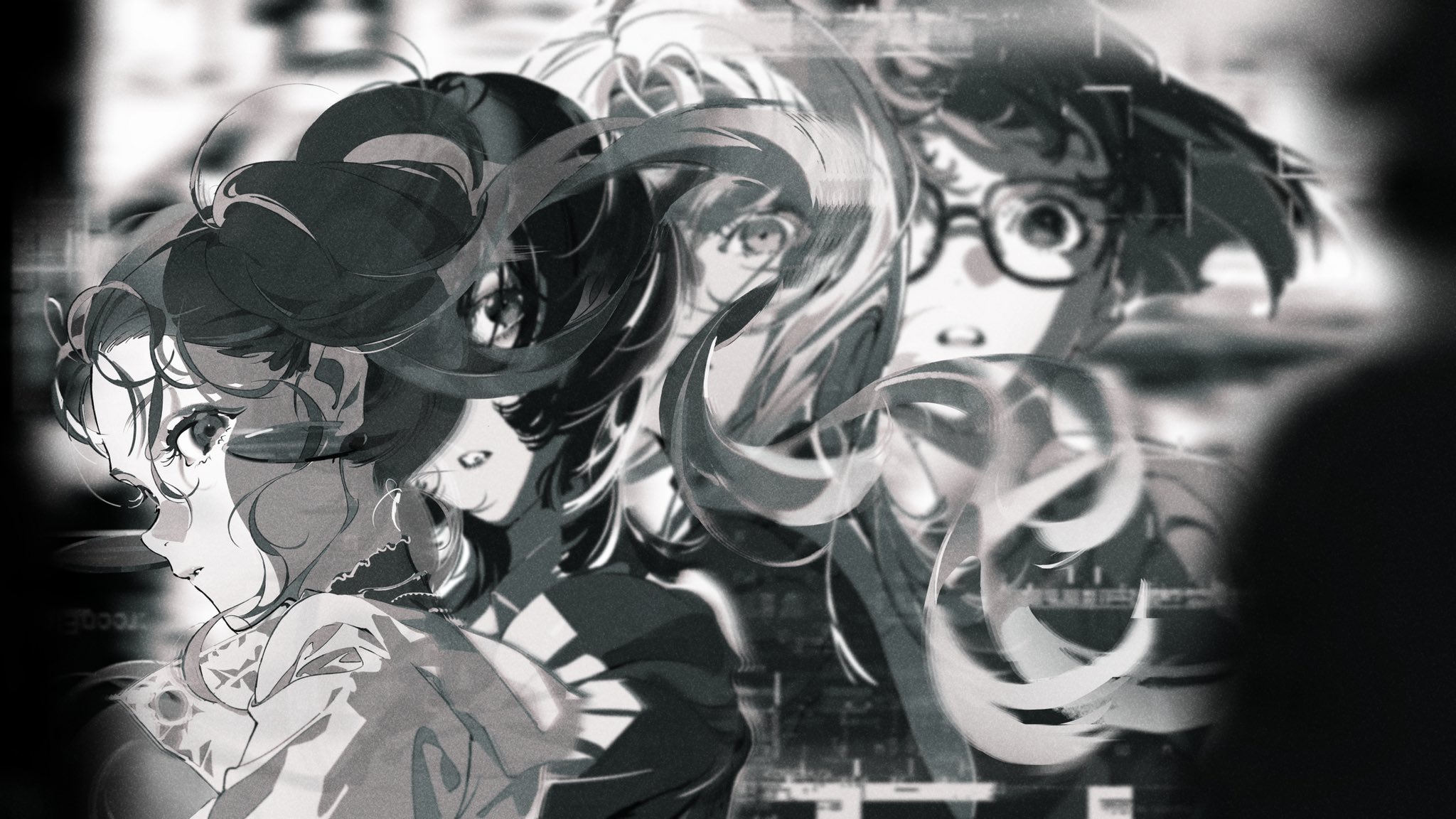 the image features a black and white illustration of three female anime characters in a somewhat cyberpunkinspired style. they are positioned closely together, with one facing forward and the other two looking off in different directions.  the art style is slightly abstract, with digital lines and distortions adding to the overall atmosphere. the lighting is lowkey, creating a dramatic and somewhat mysterious feel.