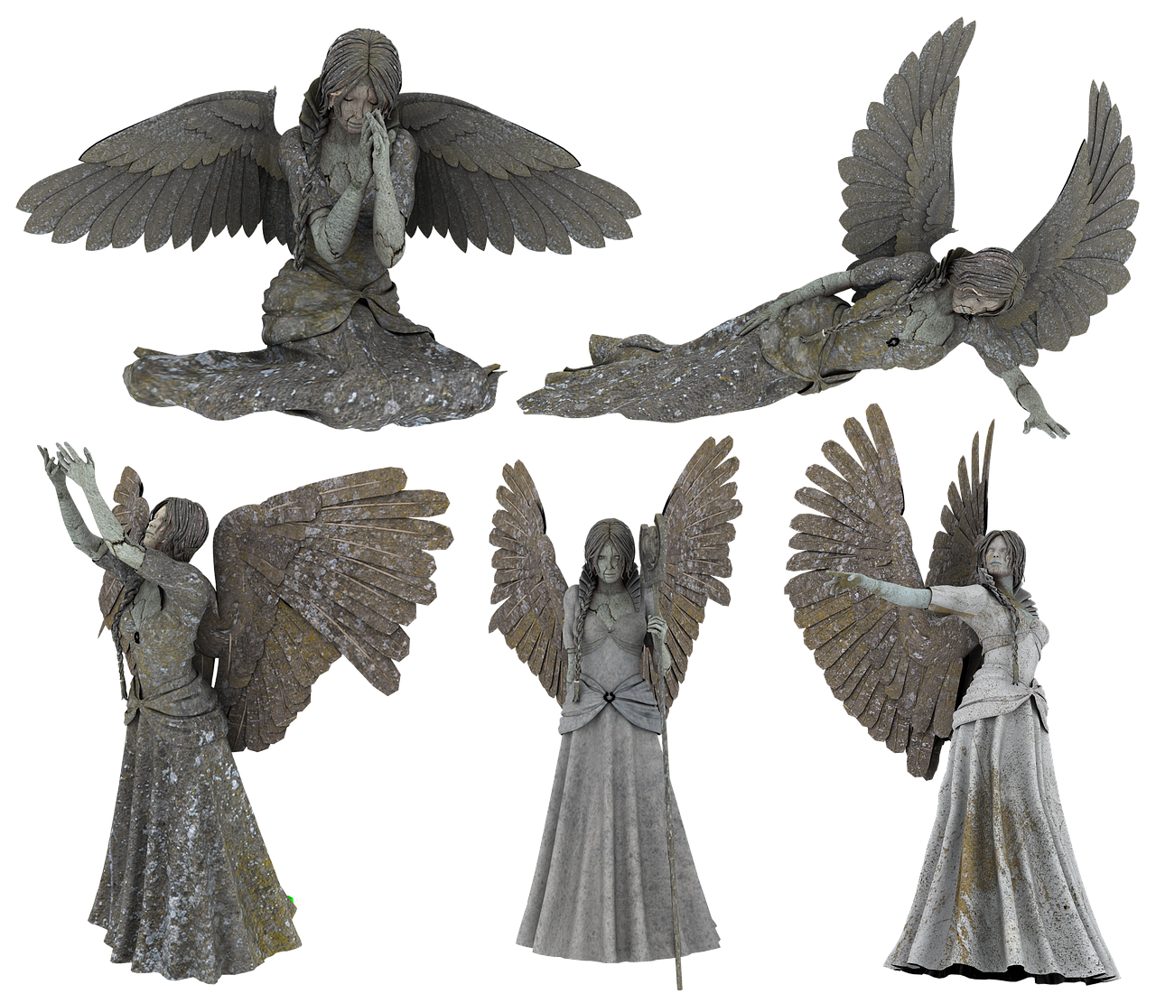 the image shows a collection of stone angel statues set against a black background. there are five distinct statues in various poses: one is kneeling with hands clasped in prayer, another is flying horizontally with arms extended, two are standing with draped clothing and wings spread, one pointing, and one with her arms up. all statues show signs of age and weathering, with noticeable stone textures.