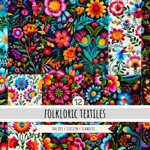 a collection of 12 square fabric pattern designs featuring vibrant and colorful floral and folkinspired motifs. the designs are seamless and feature a variety of flowers, leaves, and other decorative elements in a bright and cheerful style. the patterns have a mexican or otomi embroidery aesthetic.