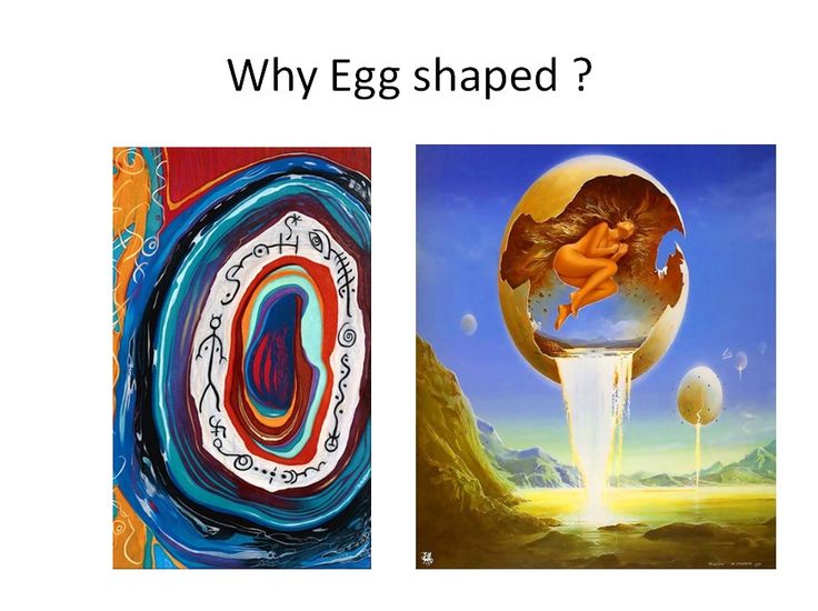 the image contains two paintings side by side with a question "why egg shaped?" written above. the painting on the left is an abstract piece featuring an egg shape with colorful layers and symbols around it. the painting on the right depicts a woman curled up inside a cracked egg, from which a waterfall pours out onto a surreal landscape.