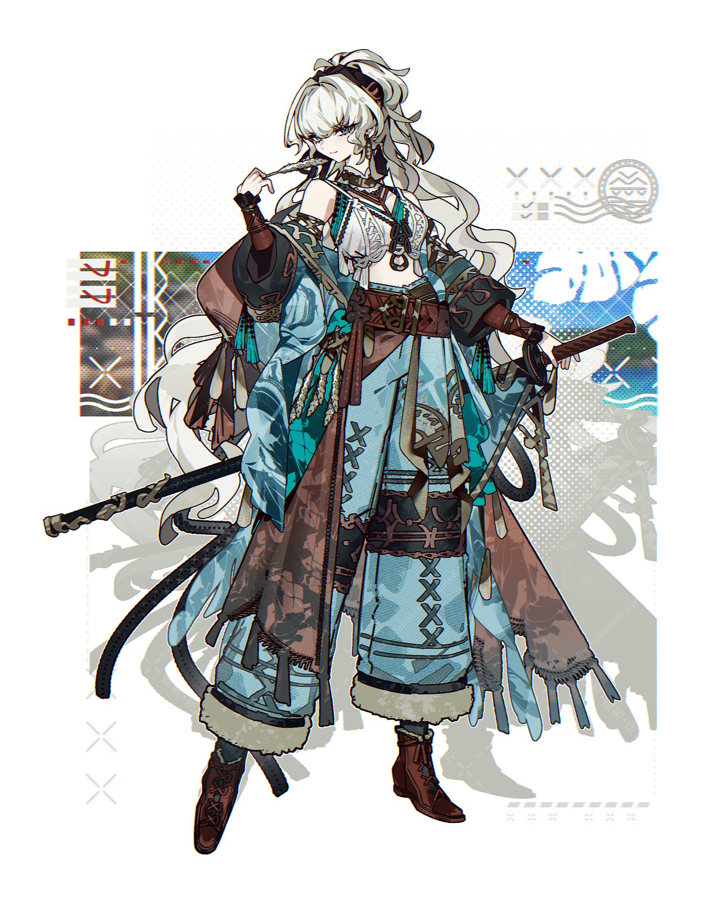 a digital illustration of an anime girl, potentially a warrior or adventurer, stands poised. she has flowing white hair and piercing eyes, and wears a mix of blue, brown, and white clothing with intricate details. her attire includes a flowing robe, loose pants, and wraps around her arms and legs. she carries a sheathed sword, hinting at her combat prowess. the background is stylized with abstract shapes and patterns, adding to the overall visual appeal.