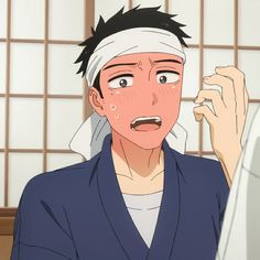 a digital illustration of a young man with short, dark hair partially covered by a white headband. he's sweating and blushing, with his mouth open as if he's just been surprised or flustered. he's wearing a dark blue robe, likely a yukata, with a white undershirt. the setting appears to be a traditional japanese room with light wooden frames and white walls. the overall style is characteristic of anime and manga.