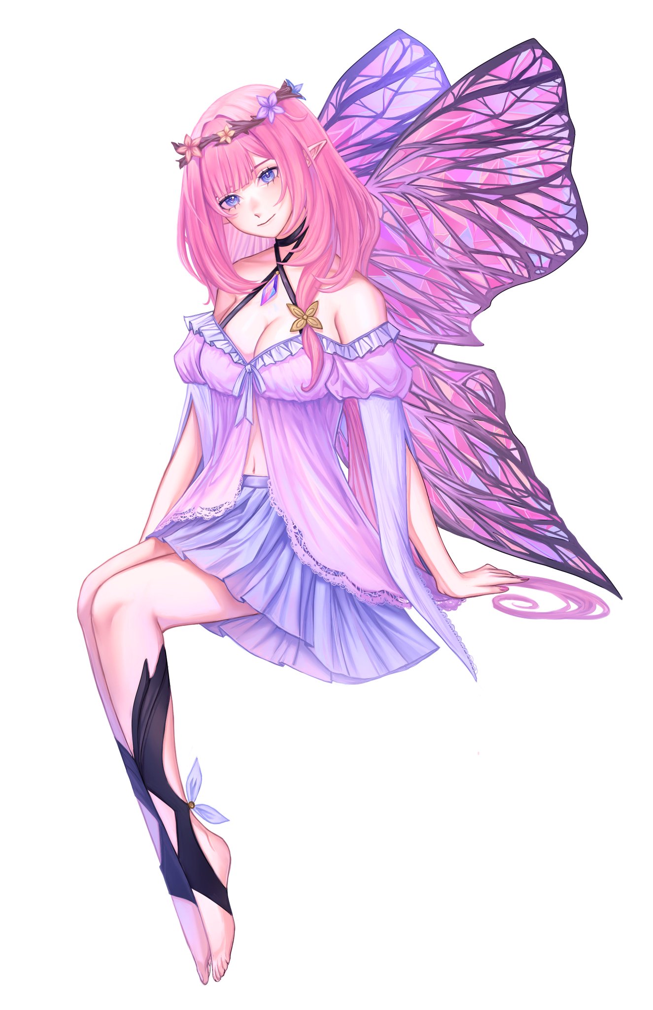 this illustration features a cute anime girl with long pink hair, dressed in a pink and purple dress. she has delicate wings on her back, and a flower crown. she is depicted in a whimsical and magical setting, suggesting a fairy or other magical creature. the illustration is done in a soft, ethereal style, with delicate lines and subtle shading. overall, the artwork conveys a sense of beauty, grace, and wonder.
