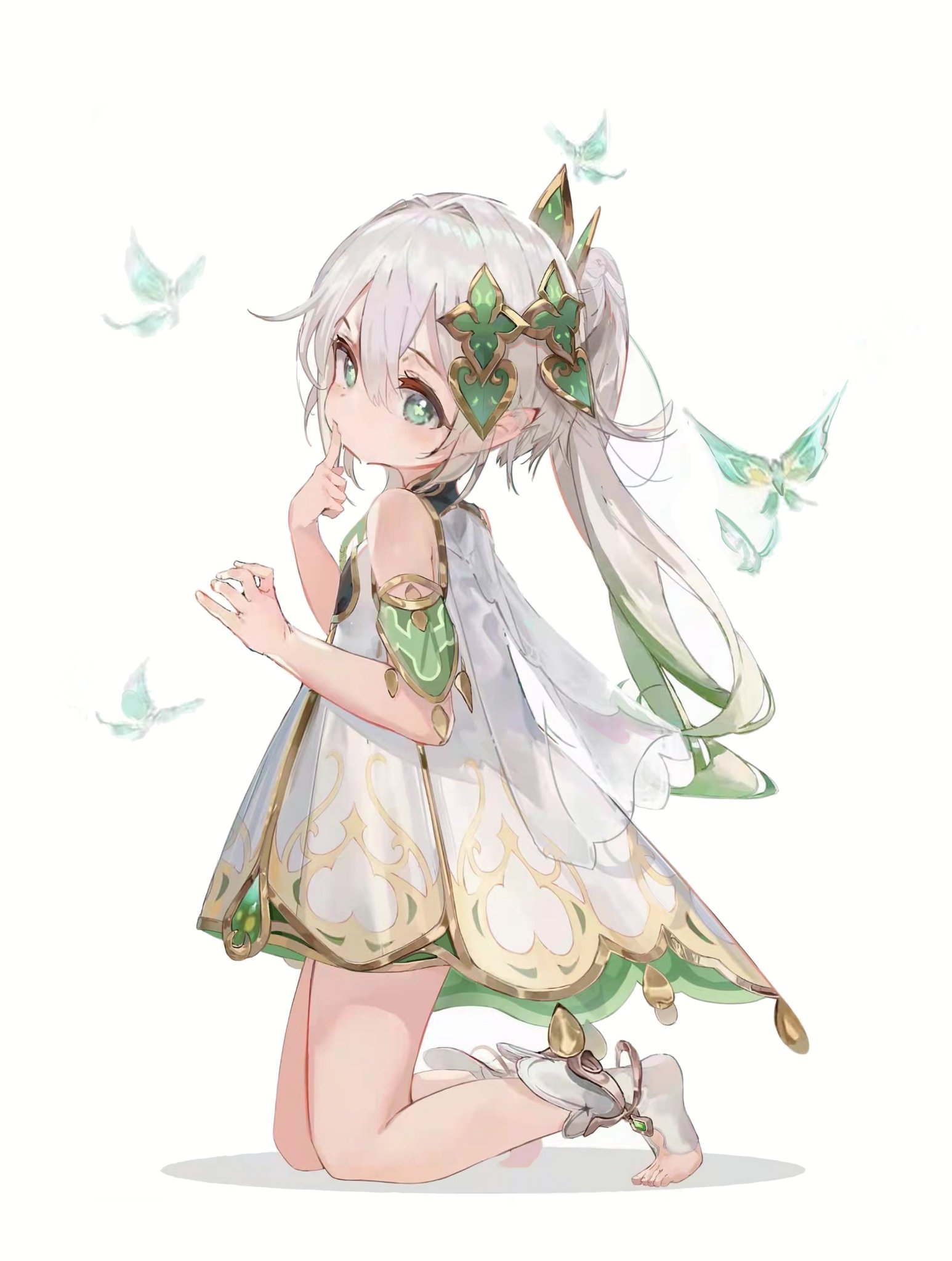 he image is a digital illustration of a cute animestyle girl.  she has long, flowing white hair tied back in a ponytail, bright green eyes, and is wearing a pale green and white dress with gold detailing. the dress is flowing and ethereal.  she is kneeling on the ground with her feet bare. several small, lightgreen butterflies surround her, adding to the ethereal and magical atmosphere. her expression is sweet and thoughtful, with one finger to her lips. the overall style is delicate and dreamy, with soft colors and light shading. the artwork suggests a fantasy or magical setting. the character bears a resemblance to genshin impact's nadezhda, though this is not explicitly stated.