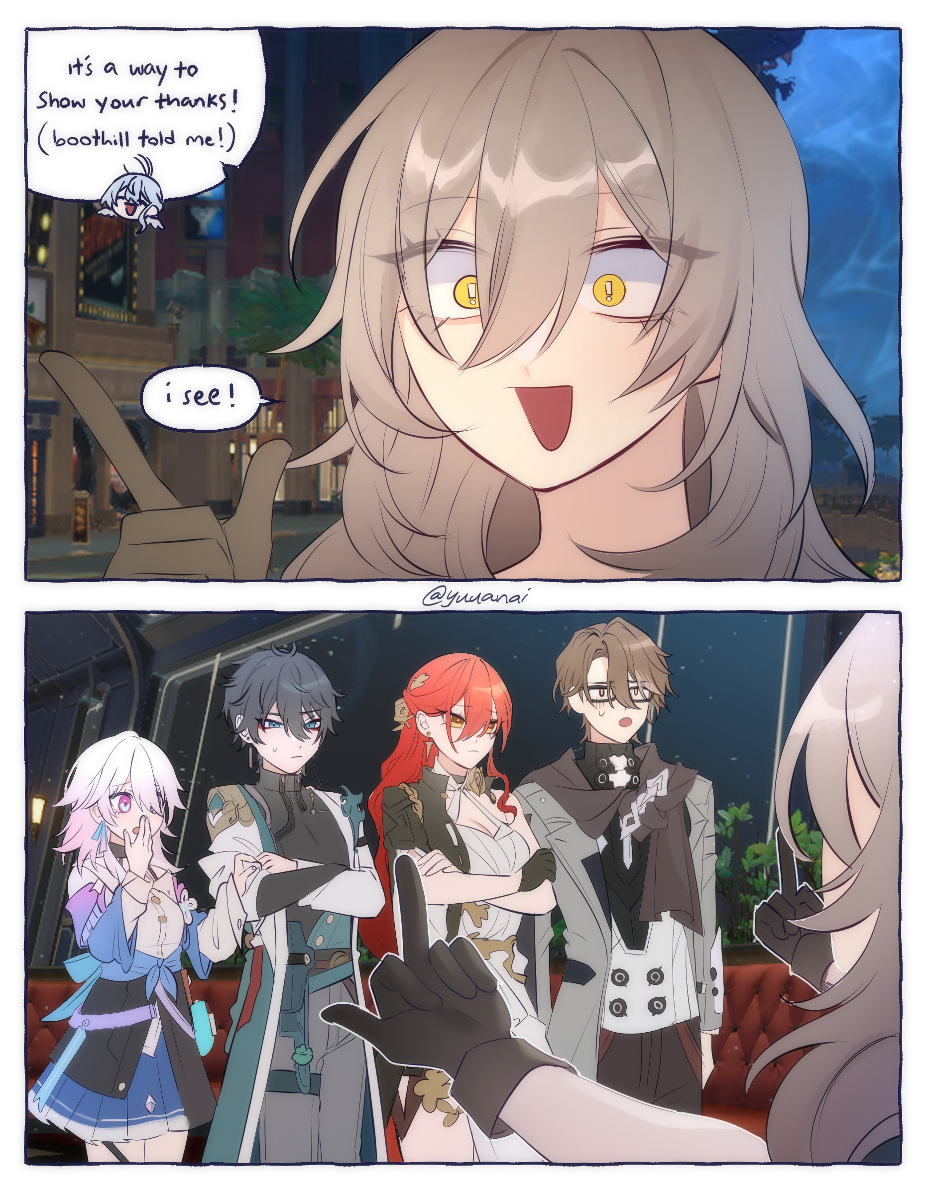 an animestyle illustration depicts a group of characters standing in a city setting at night. the characters are all dressed in various outfits and have different expressions. the central character, a young woman with long gray hair, is pointing with both hands and looking at the viewer with a playful smile. she seems to be speaking, with the words "i see!" appearing in a speech bubble. the other characters in the group appear to be listening to her, each with their own unique expressions. the background features buildings and street lights, creating a visually dynamic and engaging scene.