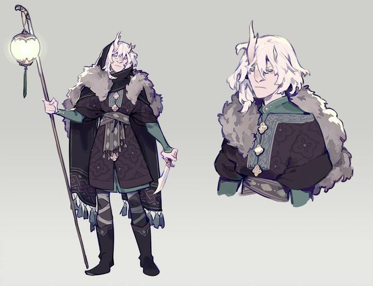 this is an illustration of an anime character. the character is a man with long white hair and is wearing a long dark purple robe with white fur on the collar. he is holding a staff with a lantern at the top and has a dagger tucked into his belt.