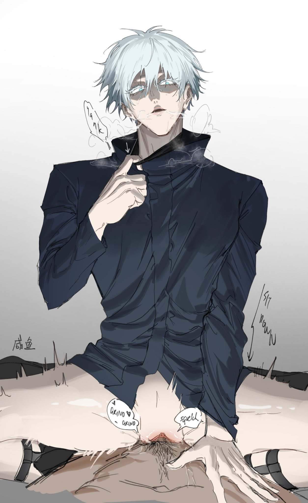 the image is a suggestive drawing of a young animestyle man with white hair and a dark blue jacket. he is sitting with his legs spread, and his genitalia are exposed.  he appears to be smoking a cigarette. the style is somewhat rough, with visible brushstrokes and a muted color palette. the image includes some text in what appears to be a different language and some suggestive annotations near the character's genitalia. the overall impression is one of explicit fan art with yaoi themes.