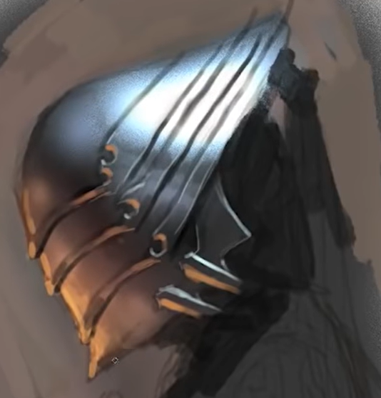 the image shows a detailed drawing of a metallic helmet, rendered with a focus on light and shadow to create a sense of depth and texture. the helmet appears to be in a studio setting, illuminated by a soft light source.  the design of the helmet hints at a fantasy or medieval setting, suggesting it might belong to a knight or warrior.