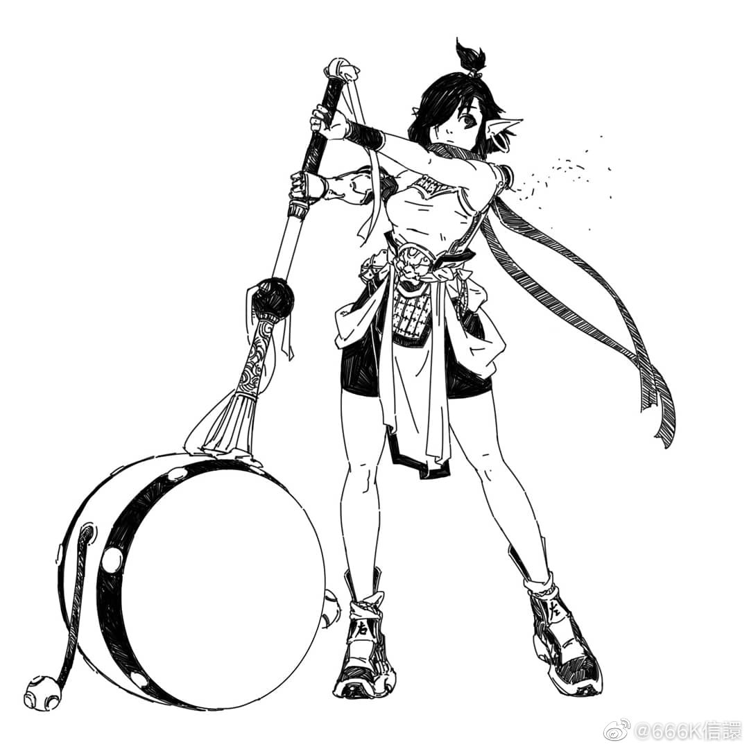 the image is a detailed black and white ink drawing or illustration of a female anime or mangastyle warrior. she has elfinlike features and is clad in clothing that appears inspired by east asian, potentially chinese, styles. she holds a large, unique weapon which resembles a pole weapon with a large circular drumlike head.  her pose is dynamic, suggesting action and strength.  the style of the artwork is detailed and emphasizes linework, giving a sense of motion and power. the background is plain white, drawing attention solely to the figure and her weapon.