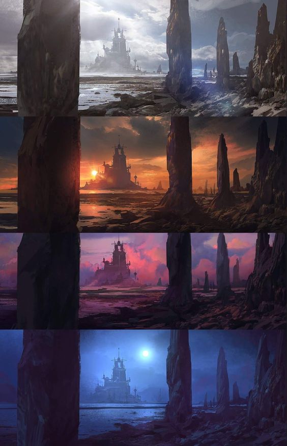 the image is a digital painting of a castle on a beach with large rocks in the foreground. the castle is in ruins and is partially submerged in the water. the sky is overcast and the sun is setting. the overall tone of the painting is dark and mysterious. there are four versions of the painting showing different times of day.