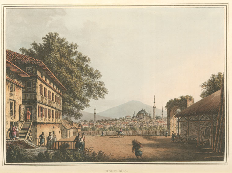 an illustration of a cityscape with various buildings, trees, and people. on the left, there is a multistory house with stairs leading to the upper floors. several people are standing on the stairs and the porch. a large tree is located next to the house. in the background, there is a city with a mosque and several minarets. a mountain can be seen in the distance, and the sky is mostly clear. in the foreground, there is a courtyard with people and animals. on the right, there is a thatched roof structure. the painting is framed by a simple border.