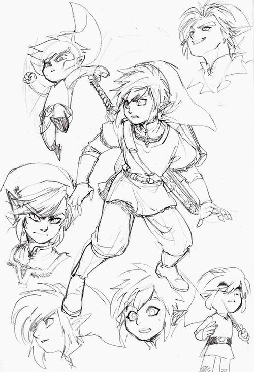 the image is a pencil sketch of link from the legend of zelda series, featuring various poses and expressions. a central, larger figure of link is in an action stance with a sword on his back. surrounding him are several smaller headshots and fullbody sketches showcasing different angles and emotions, including toon link's style. it appears to be fan art or character design sketches.