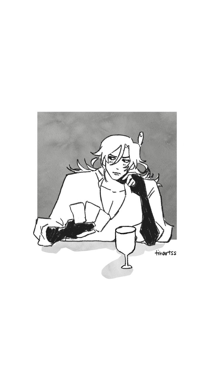 the image is a black and white line drawing of a male character, possibly inspired by anime or manga styles. he has long, somewhat messy hair and is seated at a table, seemingly deep in thought. he's holding a few playing cards and there is a wine glass in front of him. his posture and expression convey a sense of relaxation and contemplation. the background is a textured grey, and the artist's signature, "tinoartss," is subtly included in the bottom right corner. the style is loose and expressive, focusing more on capturing mood and character than minute detail.