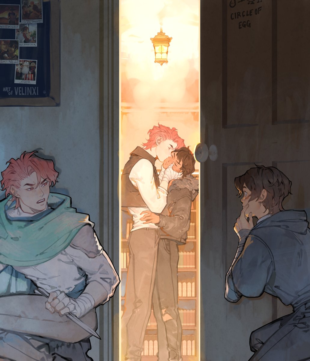 an illustration of two men hugging and kissing in a doorway filled with bookshelves, with a man holding a knife looking on jealously, and another man peeking in. the art is signed "art of velinxi."