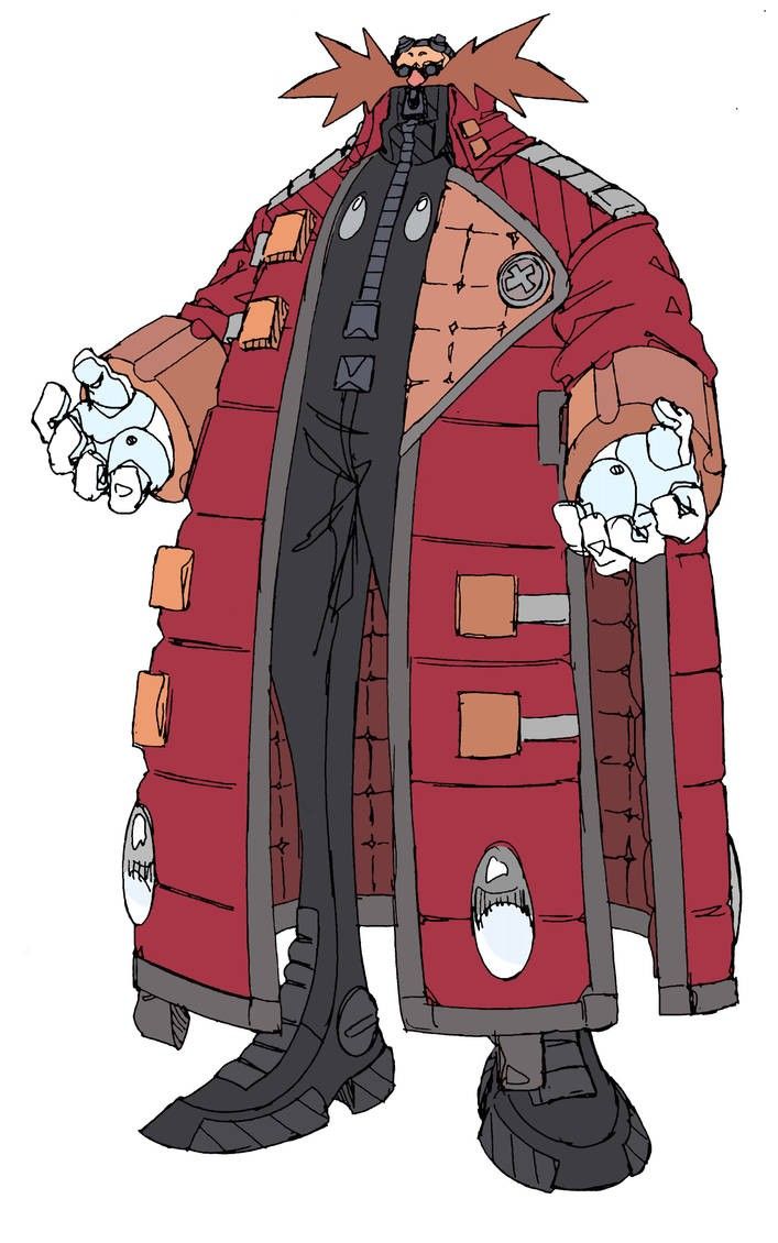 this is a digital illustration of dr. eggman from the sonic the hedgehog franchise. he is a cartoonish robot character, wearing a red coat with a black shirt underneath. he has a red mohawk and a mustache. he is drawn in a 2d style and looks very evil.