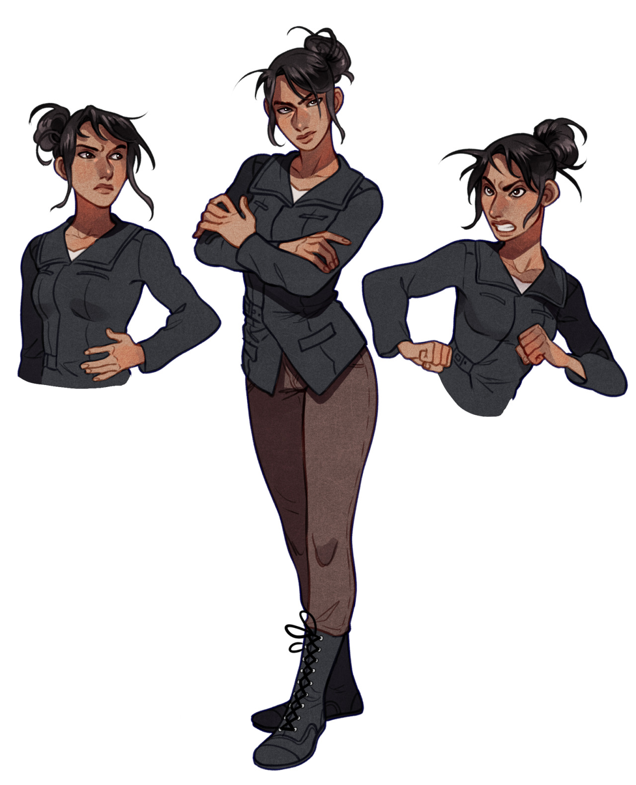 he image showcases a digital character design of a young woman with brown skin and dark hair styled in space buns.  she is depicted in three poses, each displaying a different expression: serious with arms crossed, annoyed with hands on her hips, and angry with a clenched fist. she wears a dark gray collared jacket, brown pants, and black laceup boots. the background is white, emphasizing the character. the overall style is semirealistic with a focus on conveying emotion and personality.