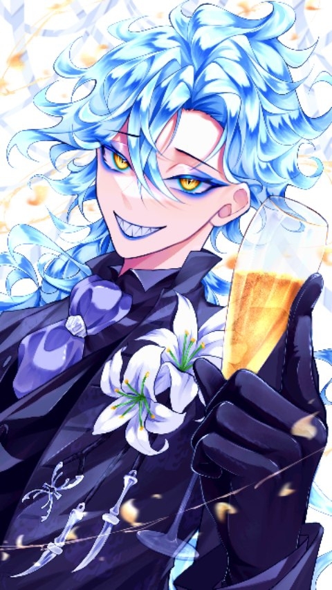 the image is a vibrant digital fanart depicting a stylized anime male character.  he has striking bright blue, wavy hair, piercing yellow eyes with a sinister smile revealing sharp teeth, possibly fangs. he's dressed in a dark, elegant suit with a purple bow tie and white lilies pinned to his chest.  he holds a glass of champagne, and several decorative knives are visible on his attire. the art style is detailed and expressive, with a mix of gothic and whimsical elements. the overall mood is mysterious and slightly unsettling. the background is light and airy, contrasting with the character's dark attire.