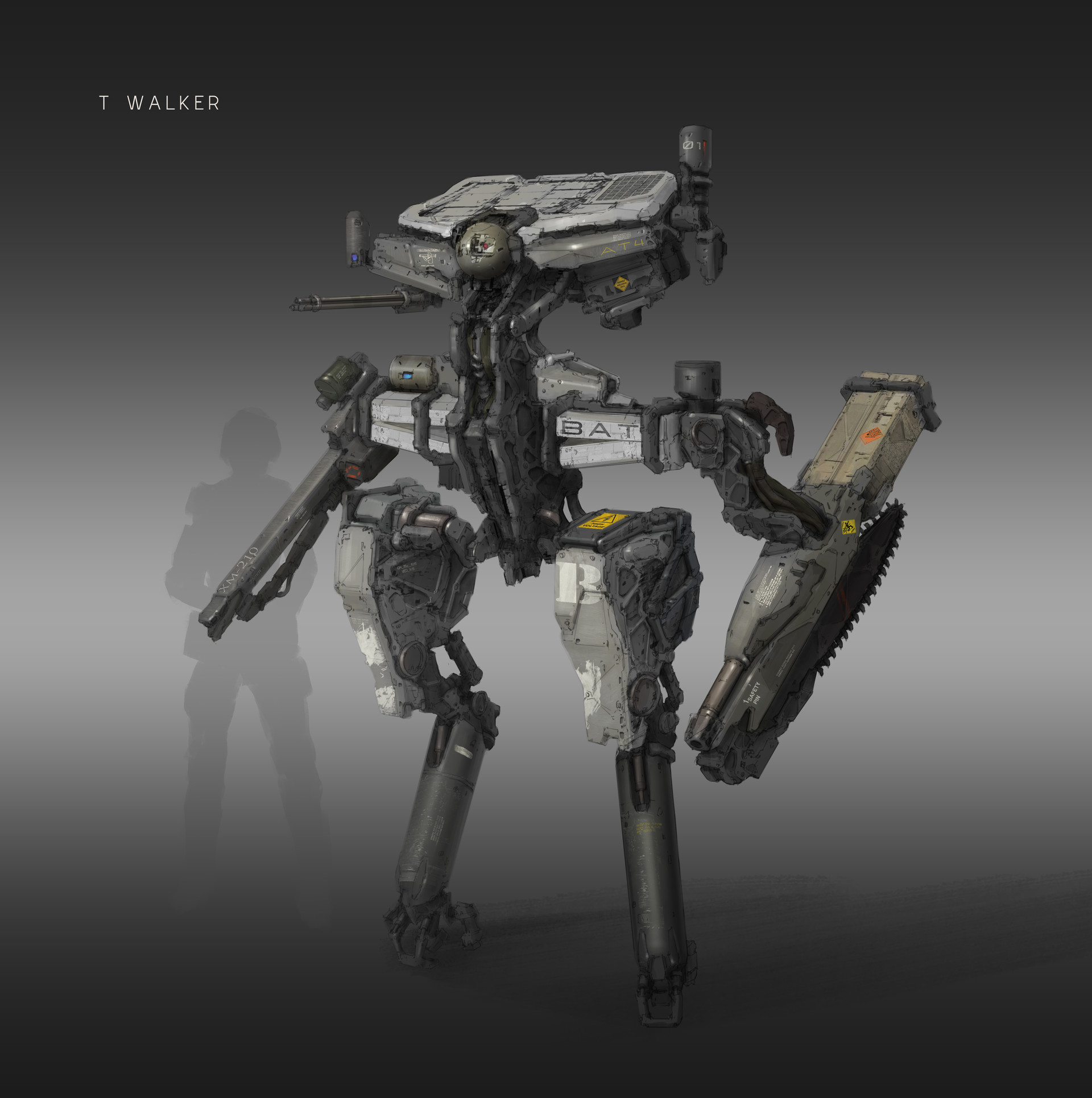 a digitally painted illustration of a futuristic robotic walker in grayscale colors. the robot appears to be a military or combat unit, with its design featuring heavy weaponry and a strong, sturdy frame. the illustration captures a dynamic pose of the walker, emphasizing its powerful presence and mechanical detail.