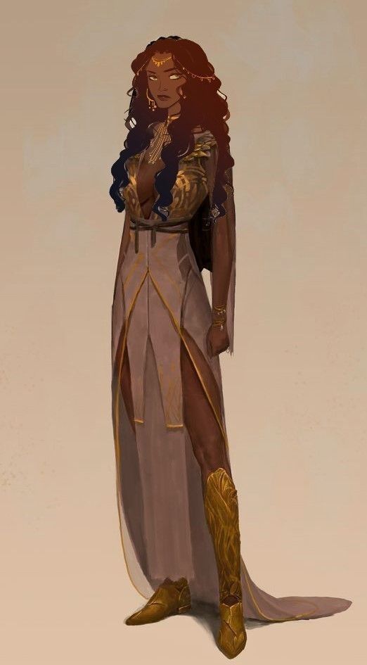 he image showcases a digital painting of a fantasy character, a woman with dark skin and long, curly dark hair. she's dressed in an elegant, flowing lightpurple gown with gold accents, a deep vneckline, and highheeled golden boots with intricate detailing.  gold jewelry adorns her neck and wrists. her expression is serious and somewhat aloof. the background is a simple, muted beige tone, allowing the character and her attire to be the focus. the overall style suggests a regal or noble character, possibly a queen or princess, from a fantasy setting inspired by ancient cultures of the middle east or africa.
