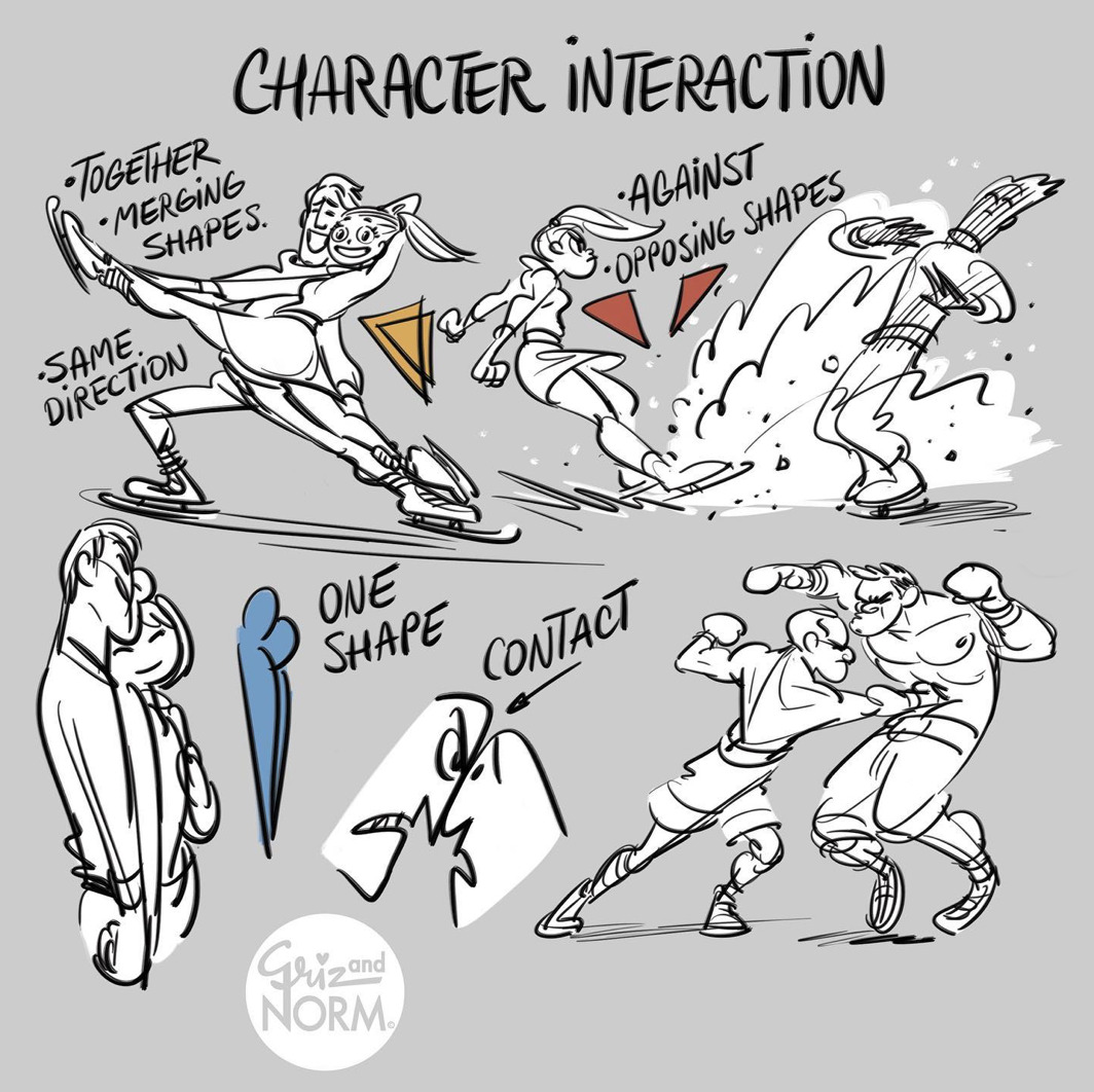 the image is a drawing tutorial demonstrating how to use shape language to convey character interaction. it shows three scenarios: 1) two people ice skating together with merging shapes, indicating cooperation and harmony, 2) two people fighting with opposing shapes, conveying conflict and tension, and 3) two people standing close, forming one shape, implying intimacy and connection. the drawings are dynamic and expressive, effectively communicating the different types of interactions through the use of shape language.