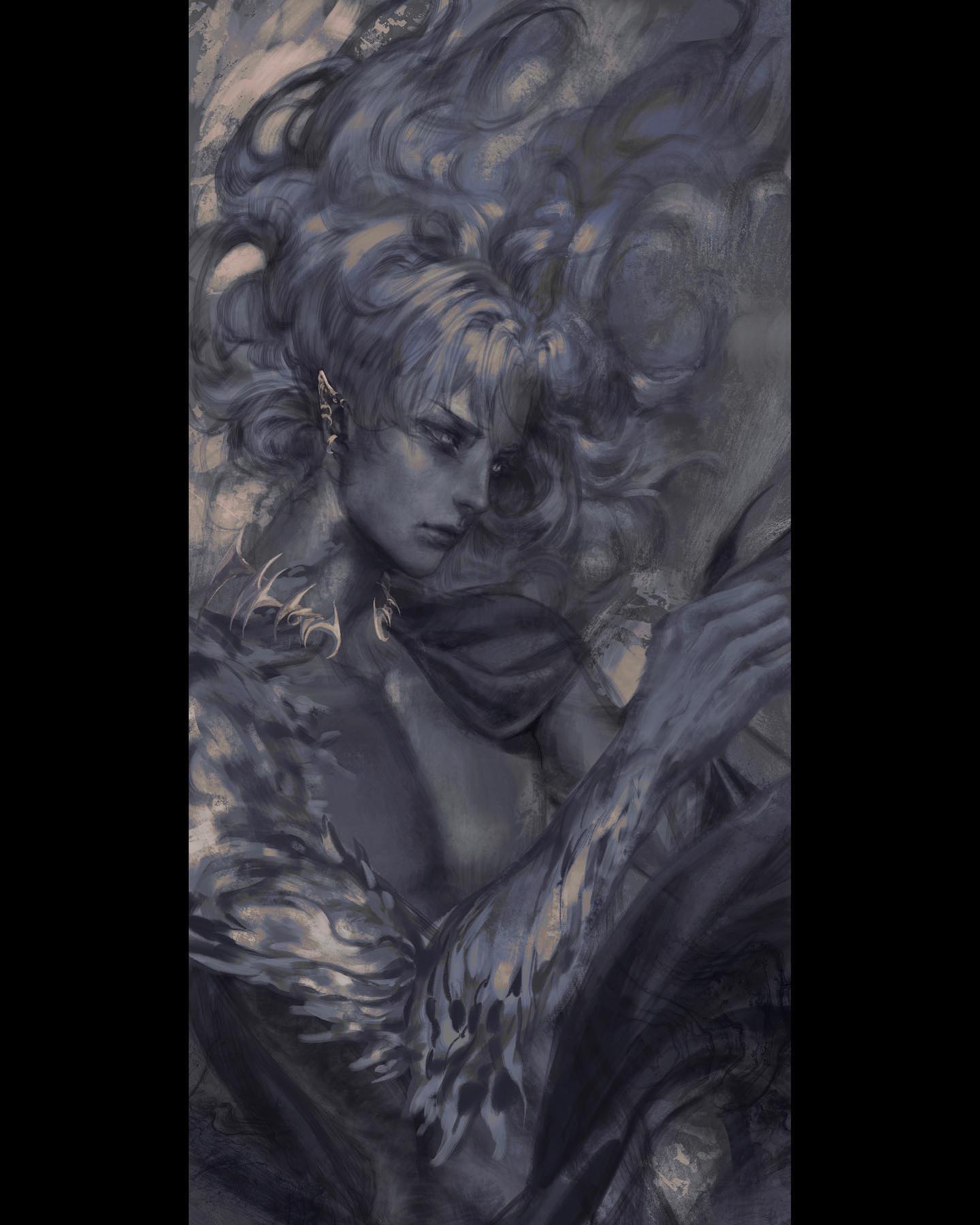 the image is a digital painting of a male elf with long, flowing hair. he is depicted in shades of grey and blue, with a soft, ethereal lighting. the background is abstract, and the overall feeling is one of mystery and beauty. the elf's expression is contemplative and his eyes are downcast. his clothing appears to be made of a flowing fabric, and he has intricate designs on his arms.