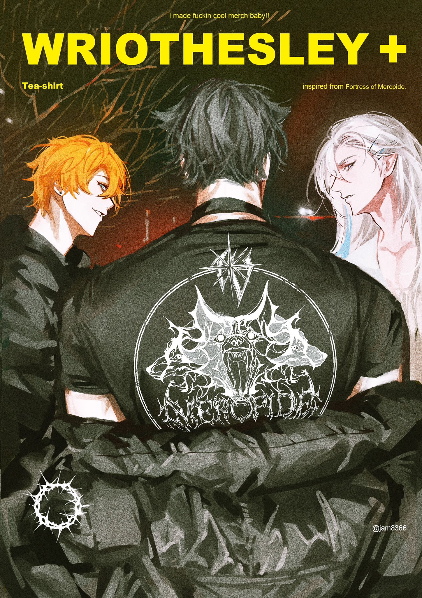 this is an illustration of a character, wriothesley, from the game genshin impact. he is standing in the center of the image. the image shows a black and white depiction of his head, shoulders and part of his body. he is wearing a black shirt with a white wolf graphic design on it. the graphic design is circular with the words "wriothesley+" and "teashirt" written in white text above the graphic design. the background features a black and white scene of a dark forest.  the image is inspired by the character's role in the game and his connection to the region of fontaine.