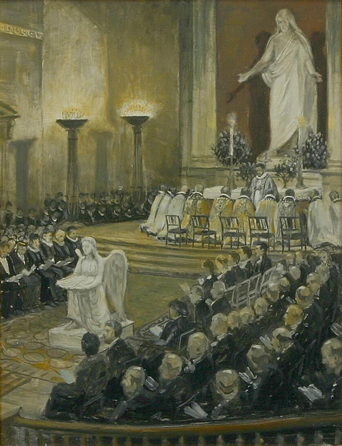 the image is a painting depicting a religious ceremony inside a church. a large congregation of people, dressed in dark suits, are seated and appear to be observing the service. several priests are at the altar, facing a statue of christ. there is also a statue of an angel holding a book, and burning candles are placed on pillars. the architectural details of the church are visible, including columns and a dome.