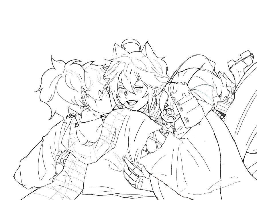 this is a black and white line art drawing of three anime characters. two characters are hugging the third one. the third character is lying down and smiling. the drawing is very cute and cheerful. they appear to be very happy and enjoying each other's company. this is a representation of a loving relationship between friends.