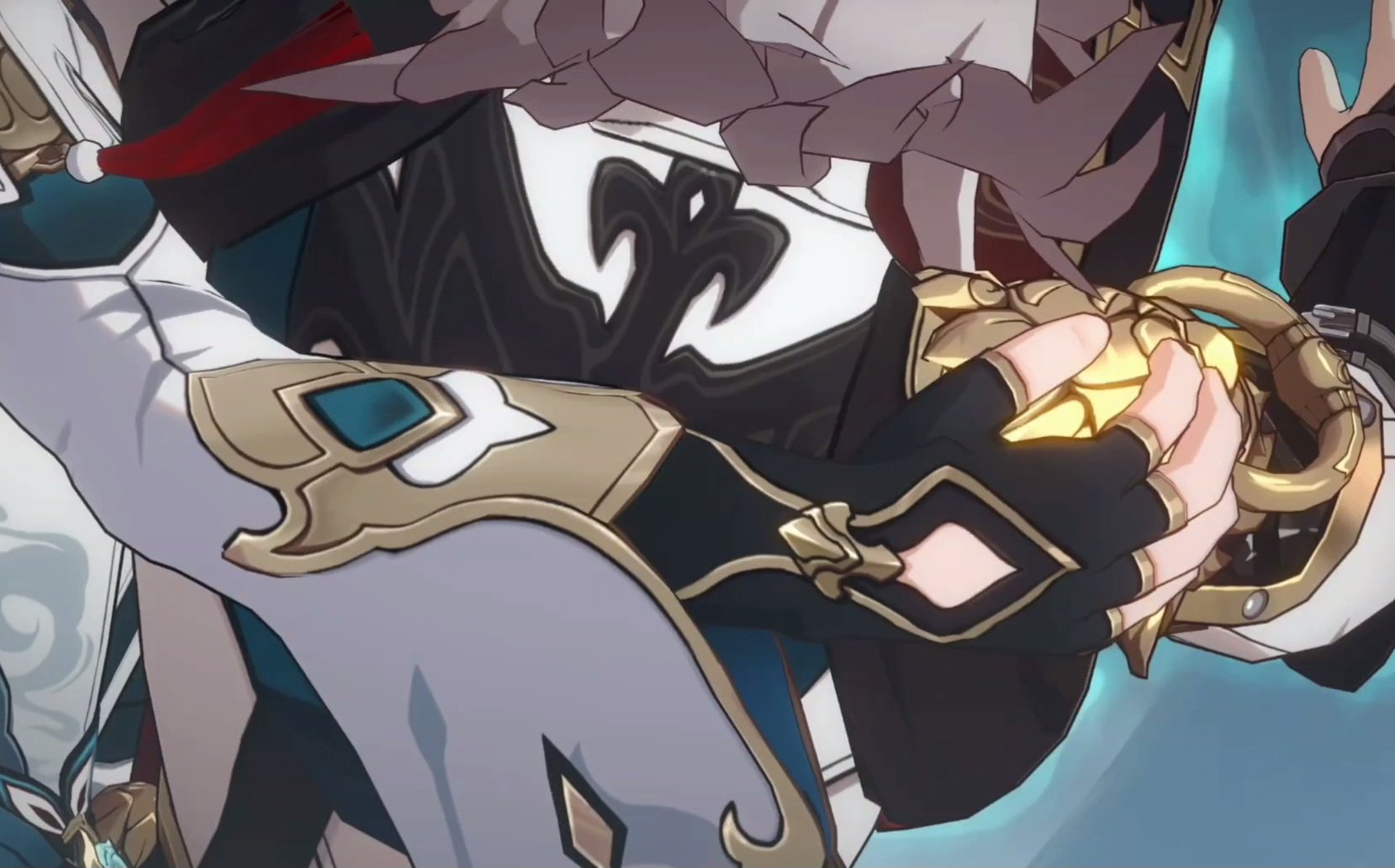 a close up of a video game character from the game genshin impact, showing the character's hand holding a golden weapon, with elaborate clothing and a golden artifact on the wrist.