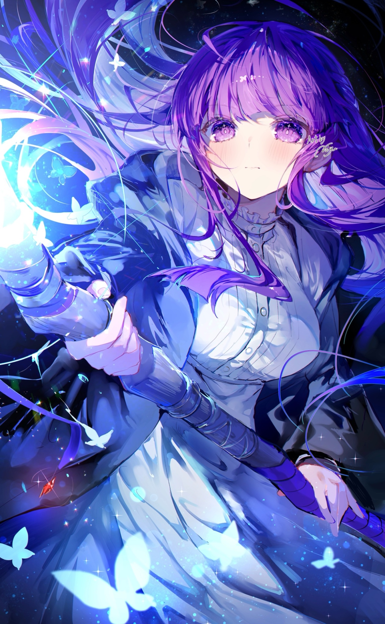 the image is a digital painting or illustration of an animestyle girl.  she has long, flowing purple hair and striking purple eyes. she's wearing a flowing blue dress with a white blouse underneath, and she holds a glowing magical staff or wand. the background is a dark, night sky filled with sparkling stars and glowing blue butterflies that seem to emanate from the staff and her hair. the overall style is ethereal and magical, with a focus on vibrant colors and flowing lines. the girl's expression is serene and peaceful.
