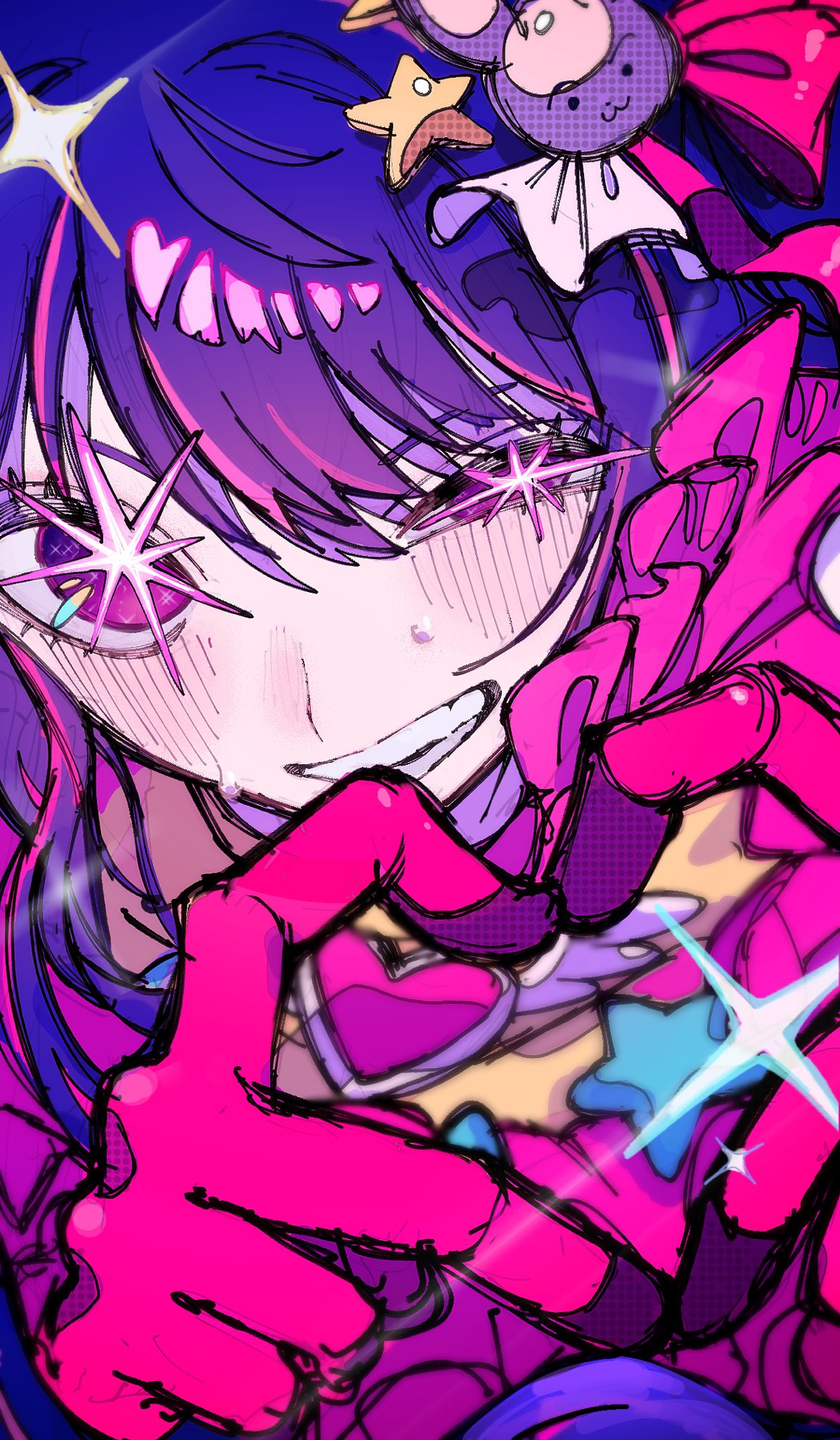 the image is a digital illustration of an anime girl with purple hair, pink and blue clothing, and bright, expressive eyes. she is smiling and making a heart shape with her hands, suggesting love or affection. the background is filled with stars and hearts, creating a whimsical and magical atmosphere. the overall style is vibrant, colorful, and playful, evoking a sense of happiness and cheerfulness.