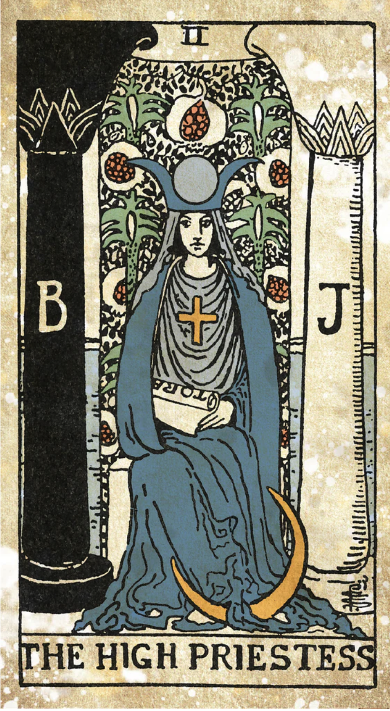 the image depicts the high priestess card from a traditional tarot deck. the card is represented by a robed woman sitting between two pillars, one black and one white. she wears a crown and holds a scroll in her hand. a crescent moon sits at her feet, symbolizing her connection to the subconscious and feminine energy. the card represents wisdom, intuition, and the mysteries of life.