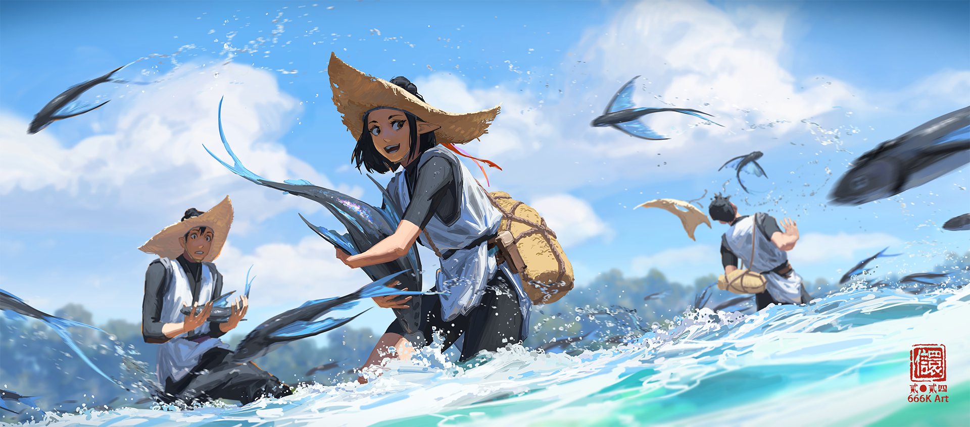 the image is a vibrant digital painting in an anime style. it depicts a joyful scene of three characters, predominantly a young woman, fishing in a bright, sunny ocean. numerous flying fish surround them, some being caught. the woman, wearing a straw hat and traditionalstyle clothing, holds a large flying fish with a delighted expression.  two male characters are also shown, actively participating in the fish catching. the background features a clear blue sky with fluffy white clouds and hints of lush greenery. the overall style is dynamic and full of energy, suggesting a fantastical and adventurous setting. the artist's signature, "666k art," is visible in the bottom right corner.
