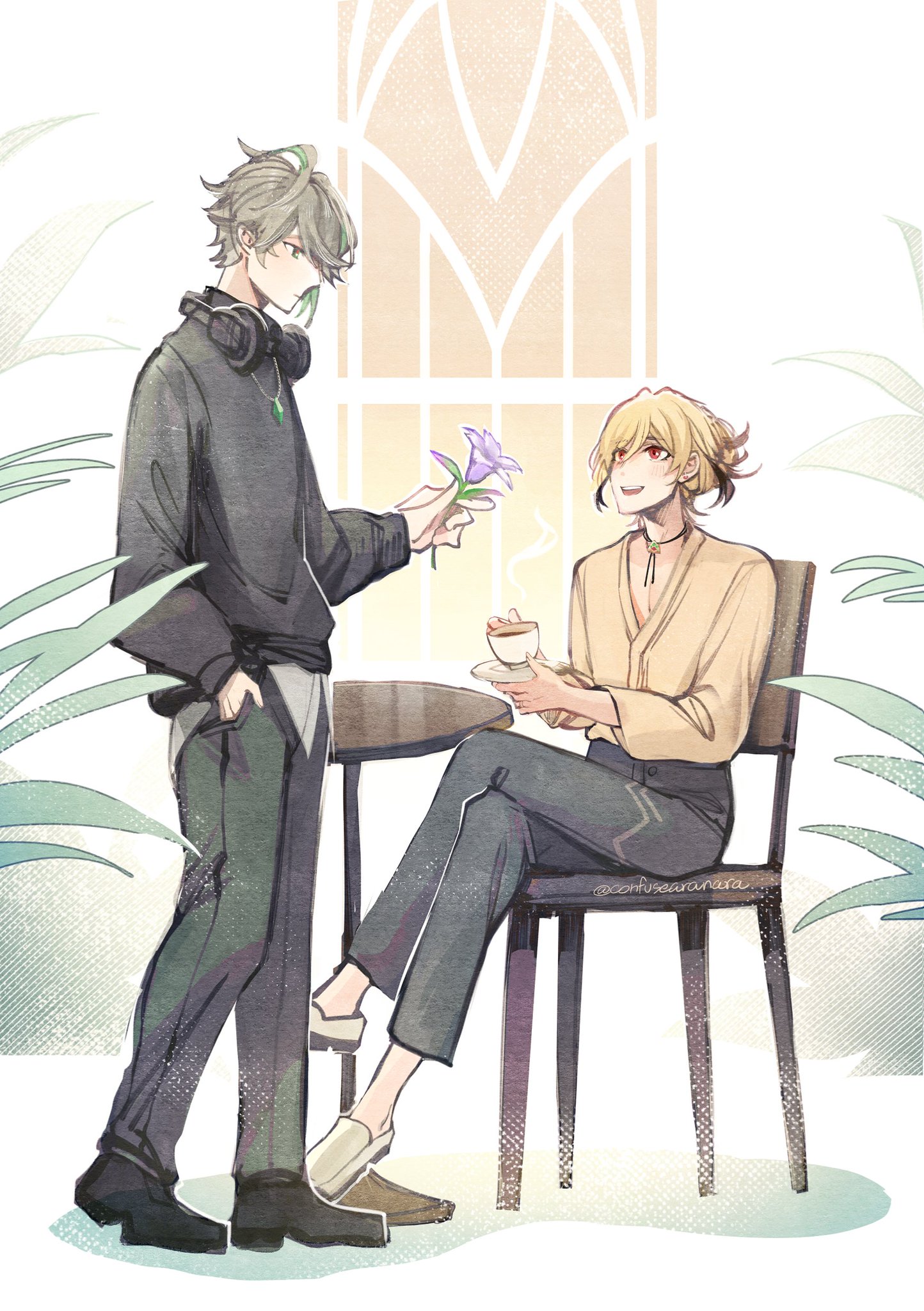 this is a digital art illustration of two anime characters, one standing and the other sitting at a table. the standing character is a male with green hair and is holding a purple flower. the character sitting down is a female with yellow hair. she is holding a cup of tea or coffee.  the image is set in a cafe or restaurant.  they appear to be on a romantic date.