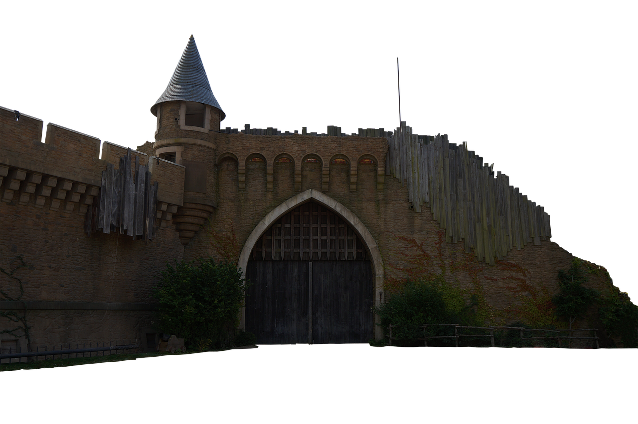 a castle gate is shown in the image. the gate is large and wooden, with an arched top. the castle walls are made of stone and brick, and there is a tower on the left side of the gate. the gate is surrounded by trees and vines. there is also a fence in front of the gate.