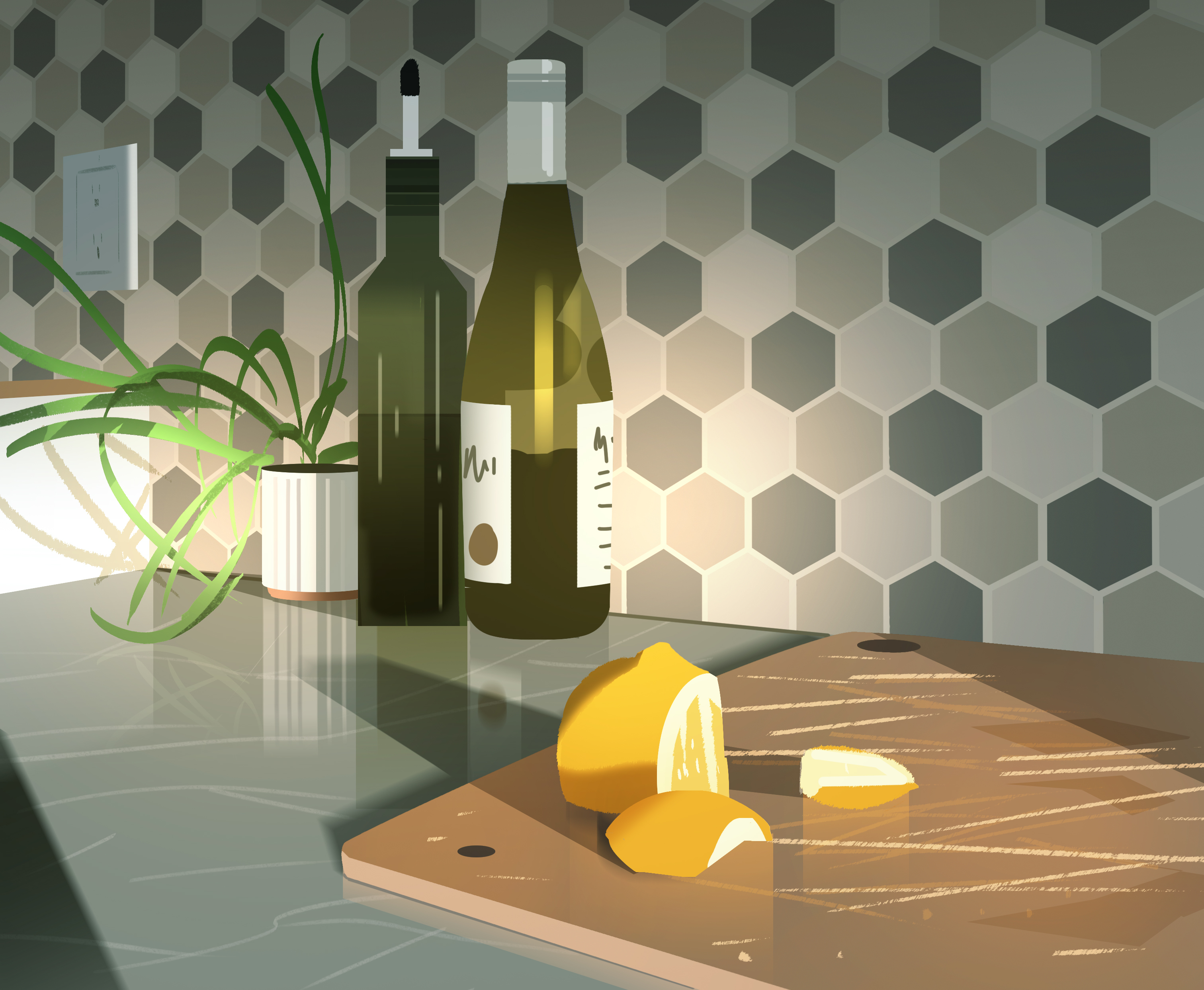 a still life image of a kitchen counter with lemons on a cutting board, bottles of olive oil and white wine, and a potted plant. the background features a gray and white hexagon tile backsplash. sunlight is shining on the counter and cutting board.