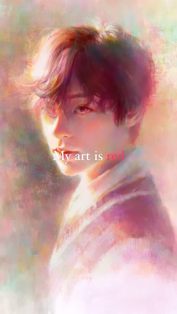 the image is a digital painting or illustration of a young animestyle boy with reddishpink hair.  the style is soft and dreamy, using pastel colors and a painterly technique with visible brushstrokes. the background is a hazy blend of pinks, peaches, and whites.  the boy's expression is somewhat pensive or contemplative.  the overall mood is romantic and ethereal.  the text "my art is red" is overlaid on the image.