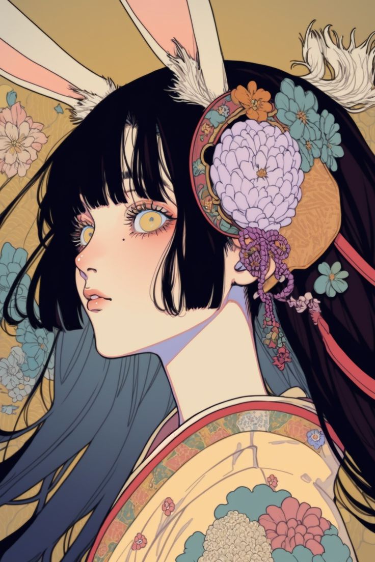 the image is a digital illustration of an animestyle girl with long black hair and yellow eyes. she's wearing a pale yellow kimono adorned with intricate floral designs and a large, elaborate headdress featuring flowers and rabbit ears. the overall style is a blend of japanese traditional aesthetics and a soft, dreamlike fantasy style. the colors are predominantly pastel, creating a calming and elegant atmosphere.  the girl's expression is gentle and serene. the level of detail in the clothing, hair, and headdress is quite high.