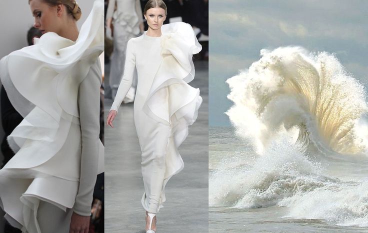 this image shows a woman in a white dress that has multiple ruffles. the image is divided into three sections. the first section shows the woman's dress from the side, the second section shows the woman walking on a runway wearing the dress, and the third section shows a wave crashing in the ocean. the wave is white and looks similar to the ruffles on the woman's dress.  the image compares fashion to nature.