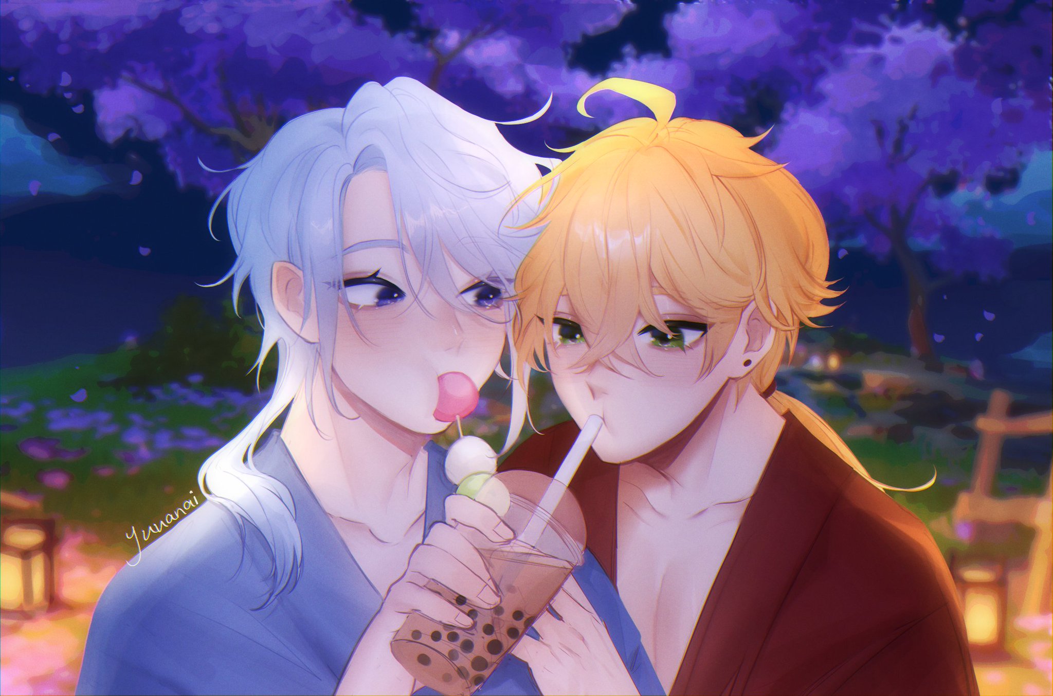 two anime boys are enjoying a summer night. the boy on the left is wearing a light blue yukata and is eating a popsicle, while the boy on the right is wearing a brown yukata and drinking boba tea through a straw. they are both smiling and look happy. they're surrounded by cherry blossoms and it looks like they are at a festival.