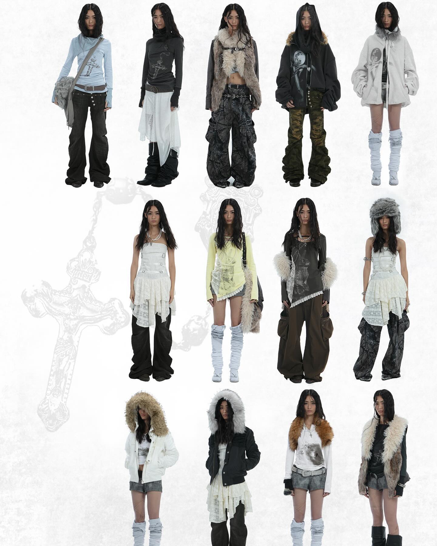 he image showcases a diverse collection of fashion models, each styled in unique grunge and gothinspired outfits.  the clothing features a mix of textures, including fur, distressed fabrics, and layered pieces. the overall aesthetic is dark, edgy, and alternative, with a blend of streetwear elements. the models are posed individually against a clean white background, highlighting the details of their attire.  the styling incorporates both winter and fallappropriate clothing. the image has a strong visual appeal due to the consistent monochrome color palette and the carefully chosen outfits.