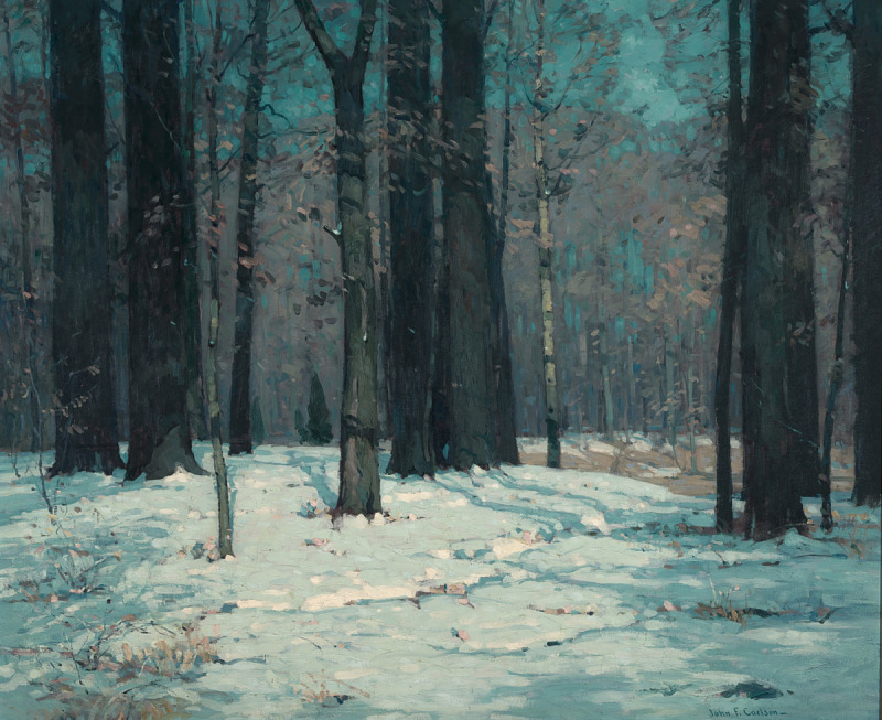 a painting by john f. carlson depicts a snowy forest in winter. tall, dark trees stand among the snowcovered ground. the sunlight casts long shadows across the snow. the colors are muted, and the overall mood is peaceful and serene.