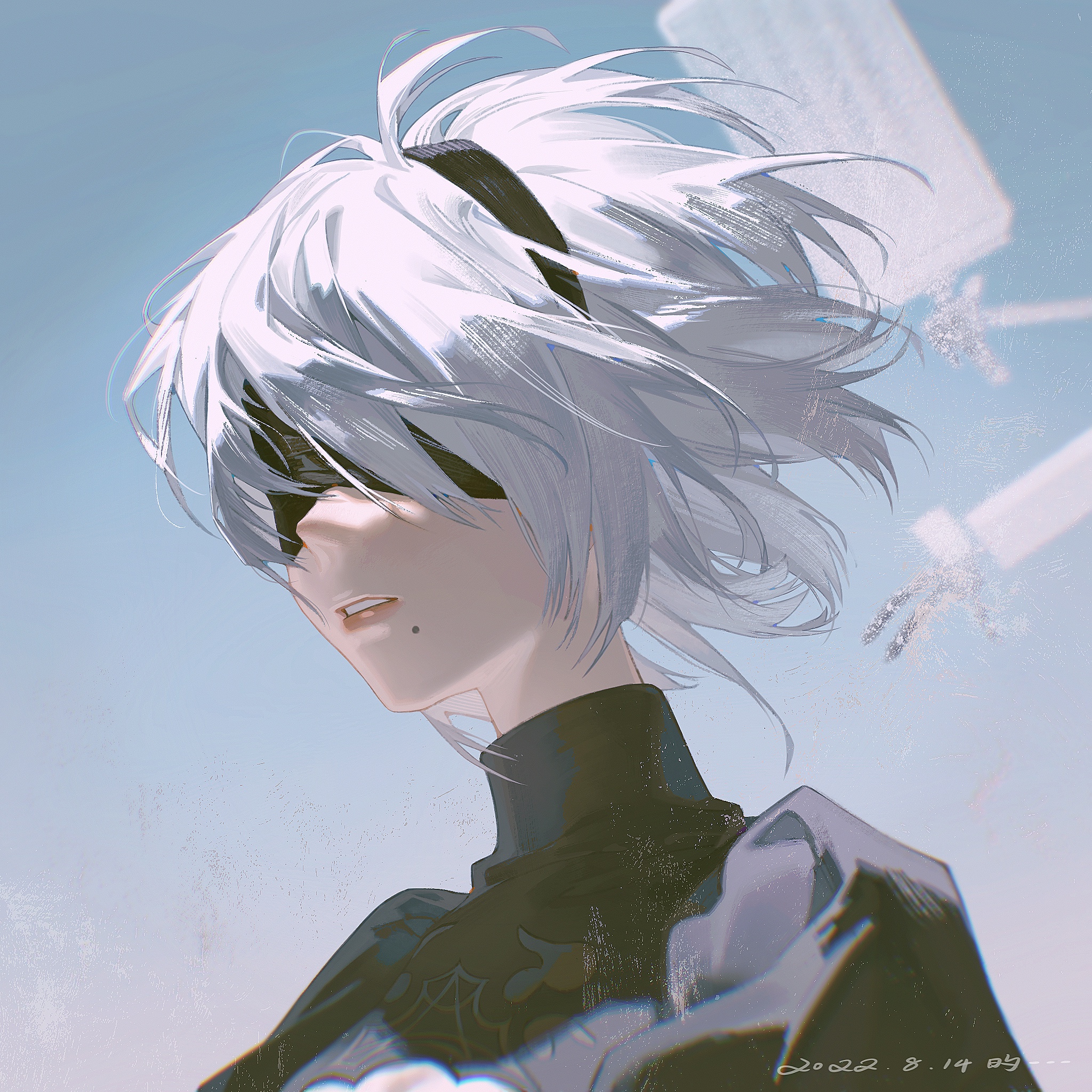 a digital illustration of an anime girl with white hair and black eyes, wearing a black blindfold and a black outfit. the girl is looking away and has her hair blowing in the wind. the background is a light blue sky with white clouds. the art style is detailed and realistic.