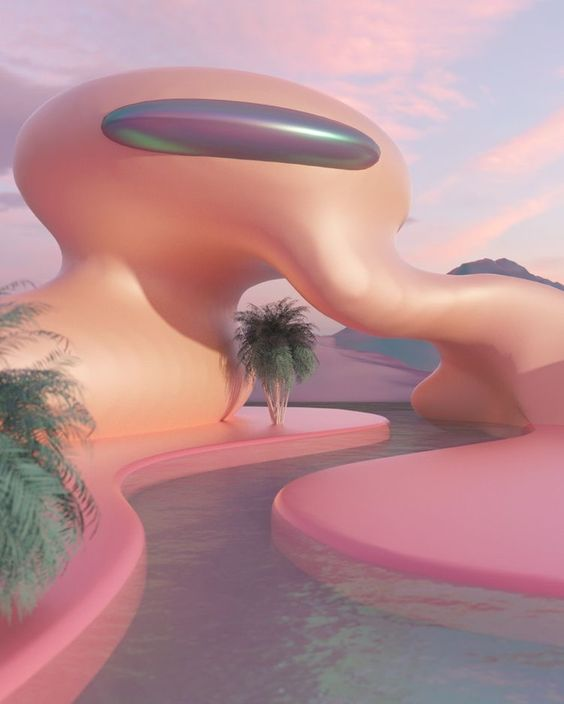 this is a 3d rendering of a surreal, abstract architectural structure. the building is organic in form with smooth, flowing curves and a vibrant pink hue. it features a large, iridescent window that reflects the colors of the sky. the structure is situated in a desert landscape at sunset, with two palm trees gracing the foreground. a pool of water surrounds the building, further enhancing the dreamy, ethereal atmosphere.