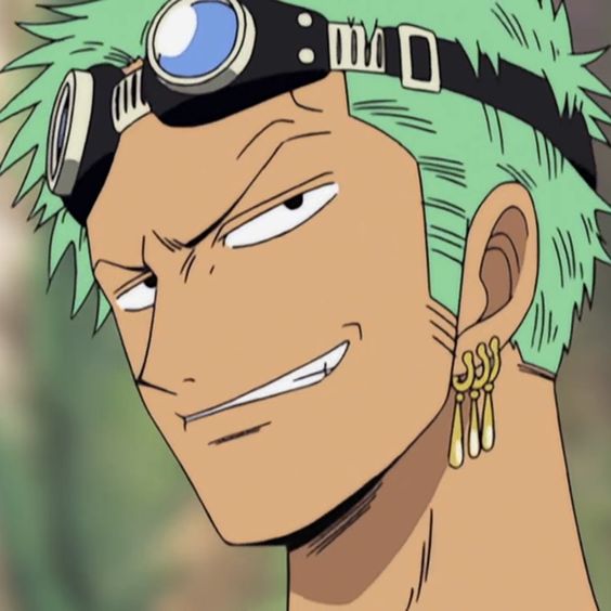 this is a close up image of roronoa zoro from the anime one piece. he has a smirk on his face and is wearing his signature green headband with goggles. zoro is wearing a gold earring in his left ear. he is known for his green hair, swordsman skills, and his loyalty to the straw hat pirates.