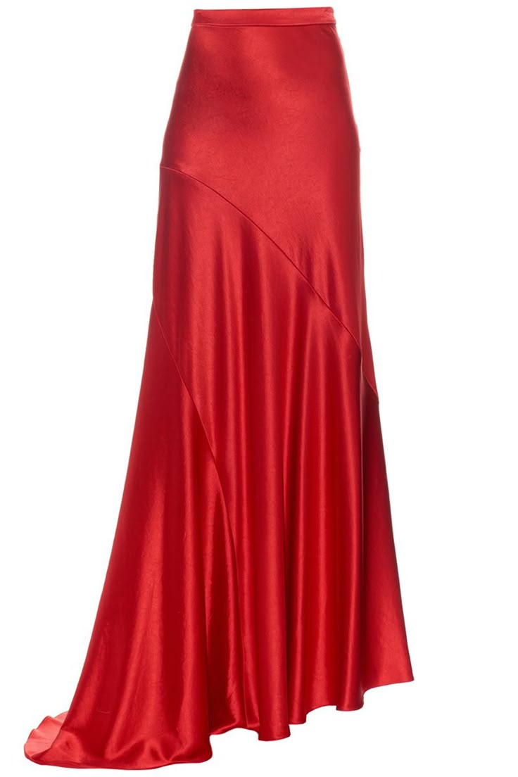 a long red satin skirt. the skirt is fitted at the waist and then flows down to the floor in a bias cut.