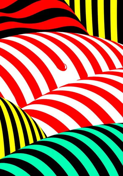 this is a colorful abstract pattern made of curved stripes. it's made up of red and white, yellow and black, and green and black stripes.  the center of the image is red and white stripes and it transitions into the other colors.