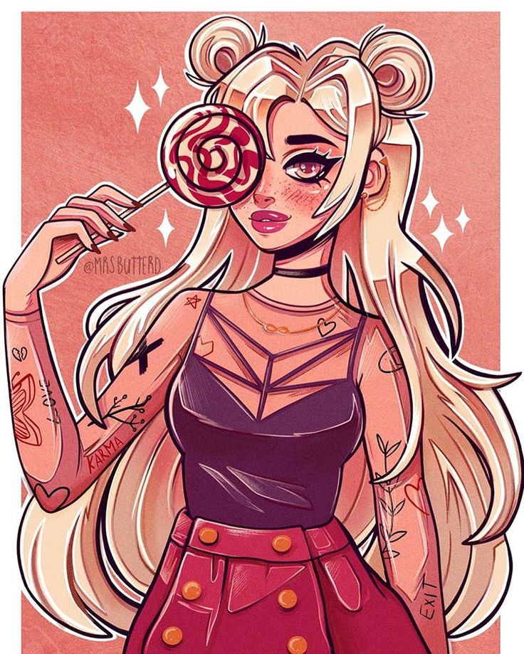 the illustration depicts a cute, animestyle blonde girl. she's wearing a black top, red skirt, and has numerous tattoos on her arms, including hearts, stars, a cross, and the word "karma." she holds a red lollipop in her hand and has a sweet and playful expression on her face. the background is a simple pink color, allowing the girl's vibrant outfit and tattoos to stand out. the art style is colorful and cartoonish, giving the illustration a fun and whimsical feel.
