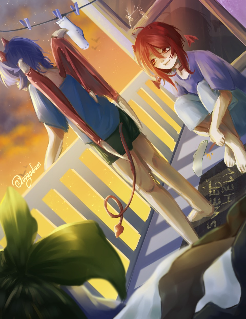 the digital painting depicts two animestyle girls relaxing on a porch at sunset. one girl has blue hair and red devillike wings and tail, while the other has long red hair. they are casually dressed and appear to be enjoying a peaceful evening.  laundry hangs on a line in the background, adding a touch of everyday life to the fantastical setting.  the overall mood is warm, relaxed, and slightly whimsical. the style is evocative of light novel or manga artwork.